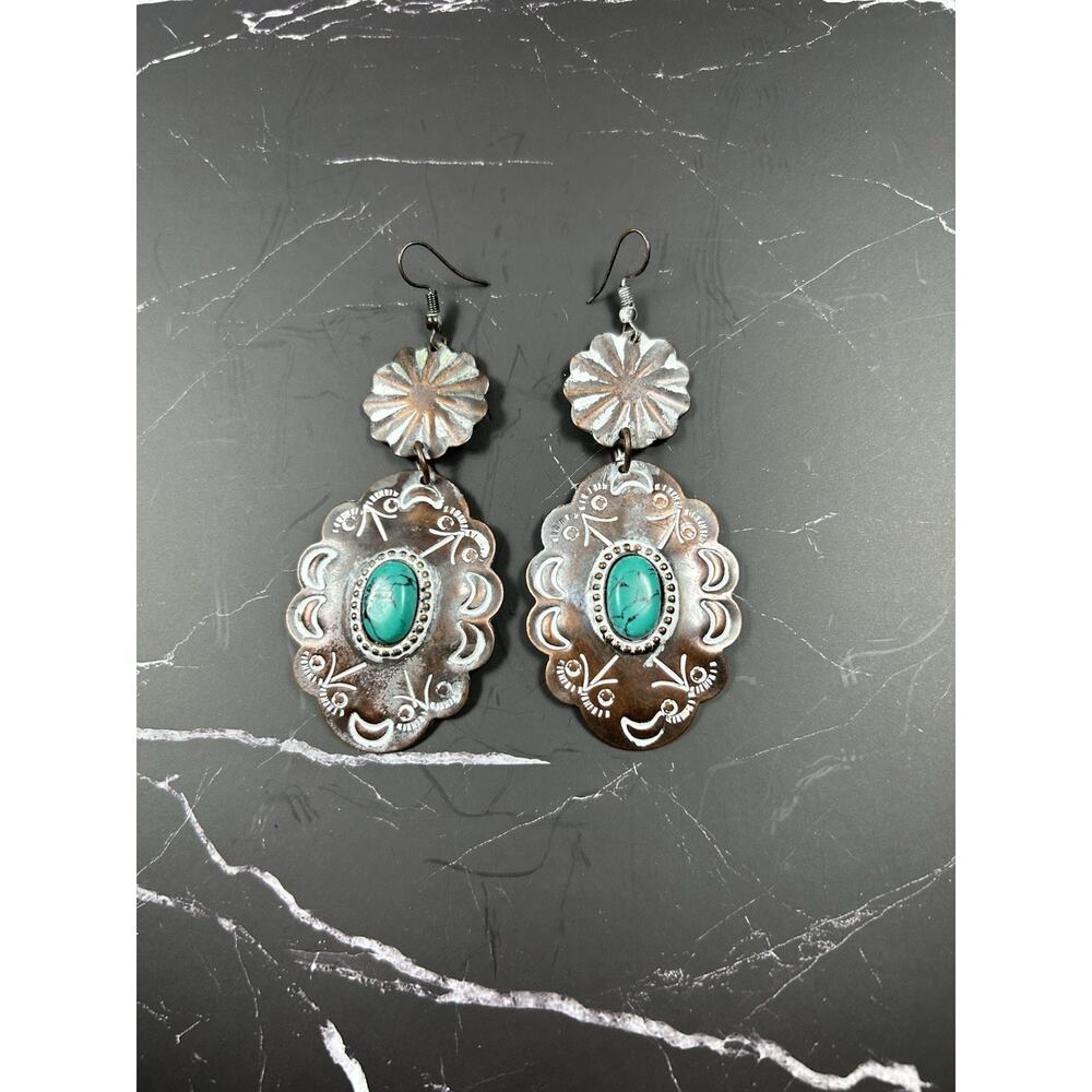 Southwestern Turquoise Look Concho Dangle Earrings Western Boho Silver Tone